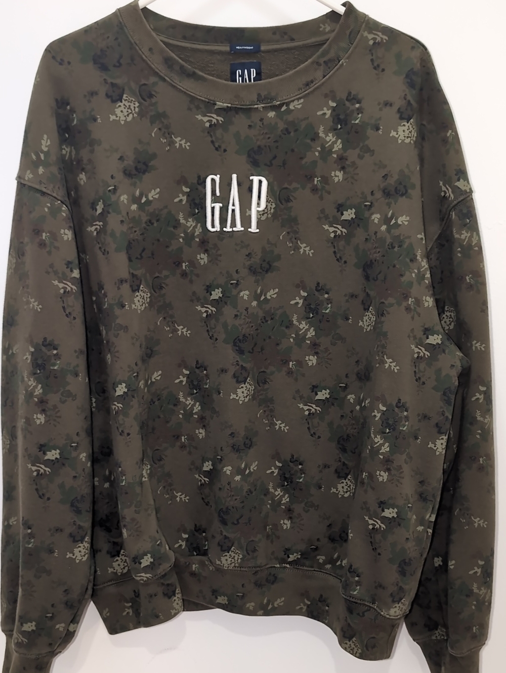 GAP Olive Green Floral Camo Logo Crewneck L